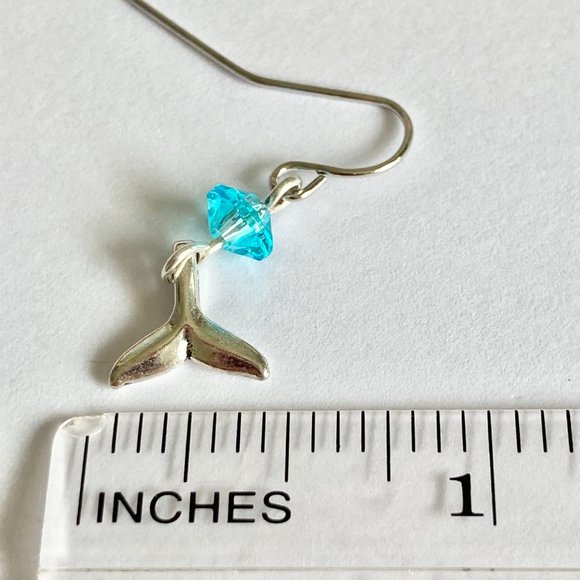 Silver Mermaid Whale Tail Earrings Aqua Bead Plated Dangle Dainty Nautical - Picture 11 of 12